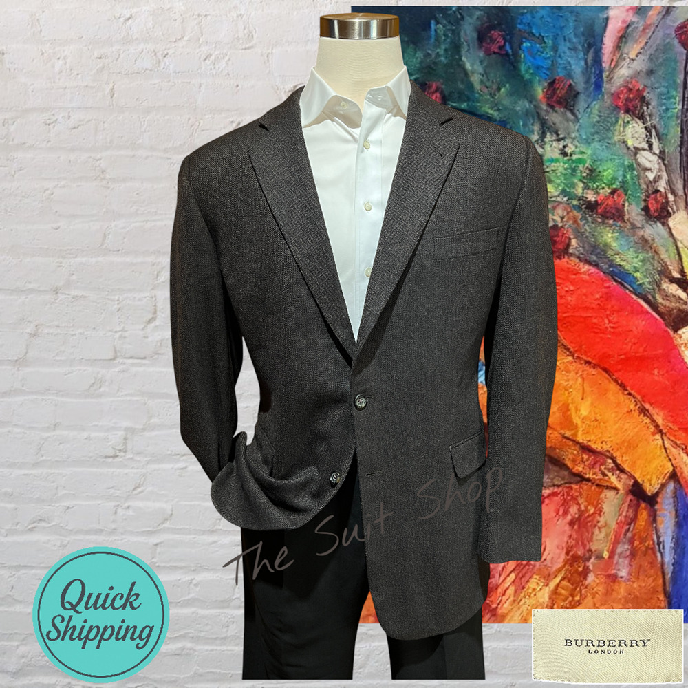 Burberry London Mens 46L Brown Blue Hopsack Basket Weave Blazer Sport Jacket